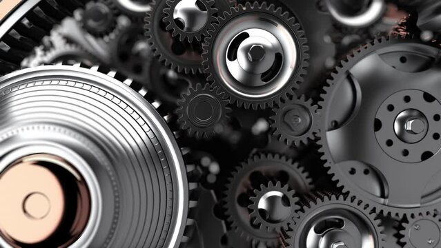 Animated mechanical gears intertwine, demonstrating the principles of teamwork, creativity, and collective ideas in a business environment.
