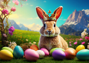 Crown on bunnies head and easter eggs laying on the grass with natural background 