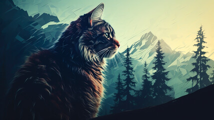Majestic Cat: A Double Exposure Adventure in the Forest Mountains, Silhouette created with Generative AI technology