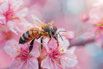 a bee pollinates a cherry flower, close up - obrazy, fototapety, plakaty