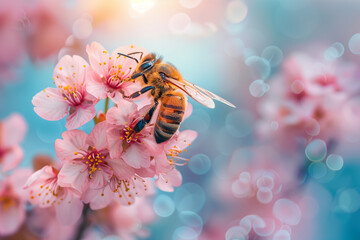 a bee pollinates a cherry flower, close up - obrazy, fototapety, plakaty