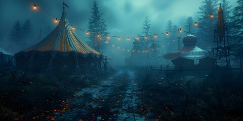 Eerie Circus Setting in a Digitally Generated Spooky Nighttime Scene. Concept Eerie Circus, Digitally Generated, Spooky Nighttime, Scene