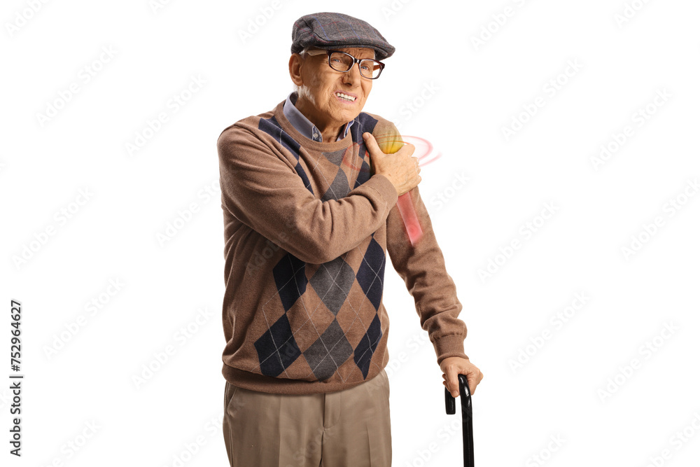 Sticker Osteoporosis in elderly people, man holding shoulder with red bone