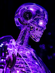 Neon Violet Cyborg: A Futuristic Beauty with a Transparent Glass Body and Visible Skeleton Inside, created with Generative AI technology