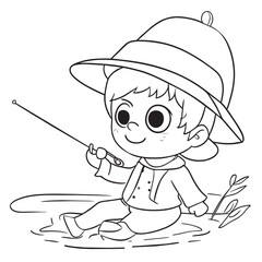 cartoon little boy fishing in a river, vector illustration line art