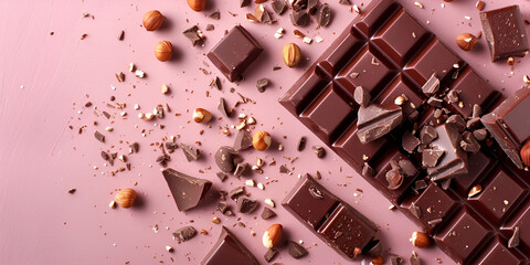Broken Dark Chocolate Bar with nuts on Pink Background
