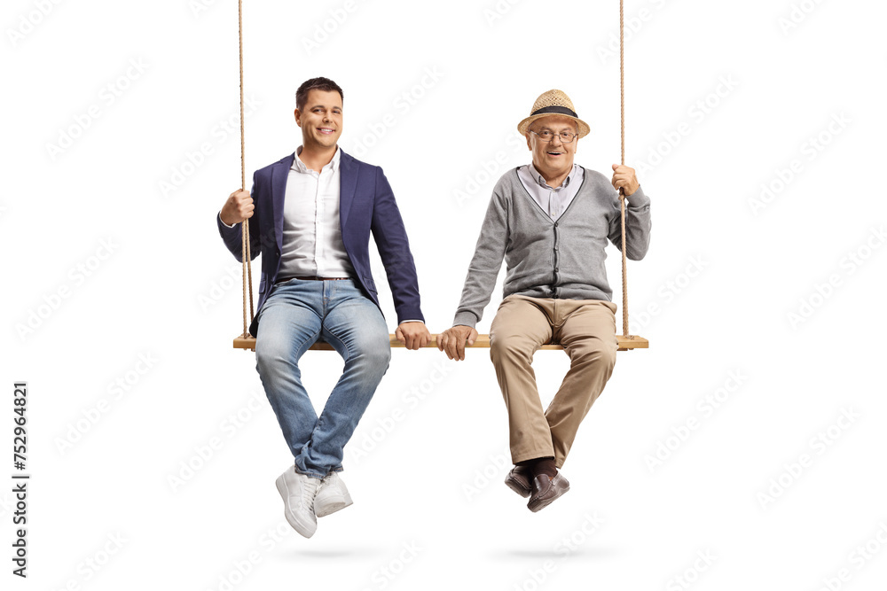 Poster Son and elderly father sitting together on a big wooden swing