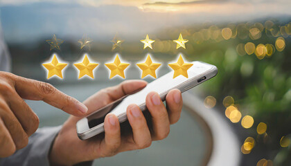 close up on customer man hand pressing on smartphone screen with gold five star rating feedback icon and press level three rank (good) for give score point to review the service business concept - obrazy, fototapety, plakaty