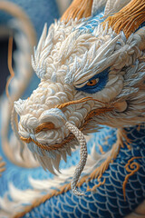Realistic Blue and White Dragon Embroidery Design in Hyper-Detail, Light Beige and Gold Accents Created with Generative AI Technology
