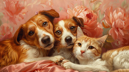 A pair of affectionate Jack Russell terriers and a contented orange tabby cat creating a heartwarming trio on a gentle coral background. - obrazy, fototapety, plakaty