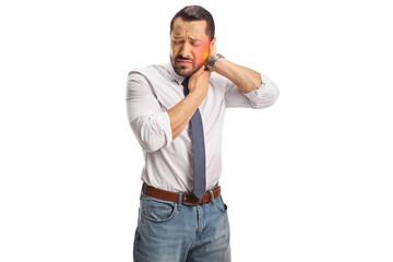 Fototapeta premium White collar worker in pain holding his stiff inflamed neck