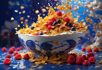 Healthy eating, food and diet concept - corn flakes with berries, raspberries and blueberries, milk splashes on a blue background.