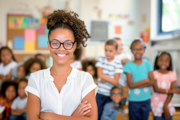 Portrait Of Female Teacher.  African american woman preschool teacher smiling at kindergarten