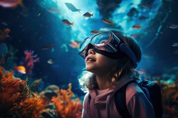 Cute little girl wearing a mask looks at the corals and the underwater world in an aquarium underwater.