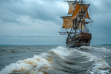 The Wooden Peel: A 16th Century Ship Sailing Through the Waves of the Ocean created with Generative AI technology