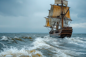 The Wooden Sailing Vessel: Navigating the 16th Century Seas with Grace and Power created with Generative AI technology
