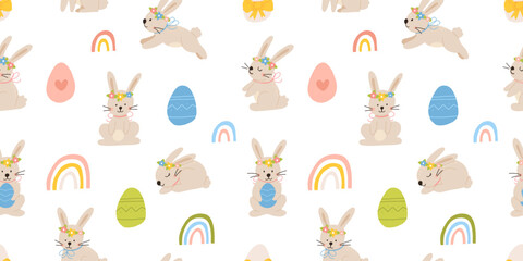 Lovely hand drawn Easter seamless pattern with bunnies, doodles, flowers, easter eggs, beautiful background. Suitable for Easter cards, banner, textiles, wallpapers.