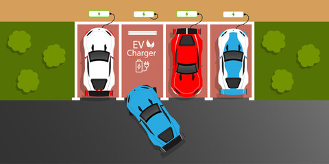 Electric cars at charging stations EV concept public parking Vector illustration