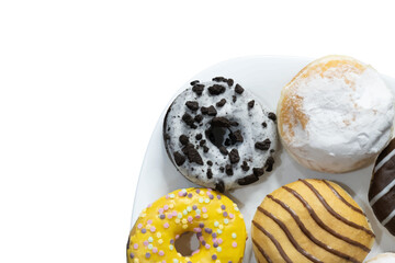 Realistic donut cake icon. Doughnut desserts with chocolate cream icing and sprinkles. Bakery sweet pastry food vector