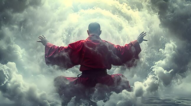Focused shaolin monk using chi technique to control elemental forces, such as the swirling fog follows his hand movement