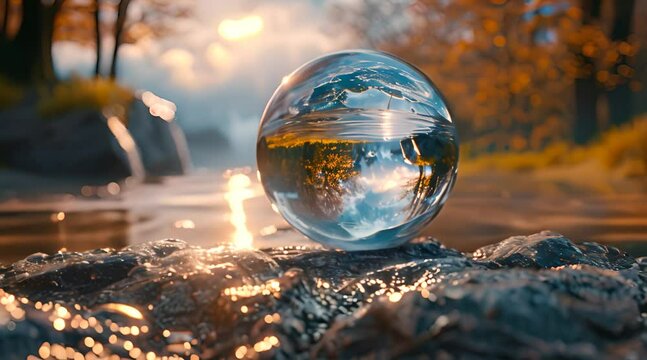 The beauty of a distant waterfall and autumn leaves reflecting in a glass sphere or a rock, channeling harmondy and balance