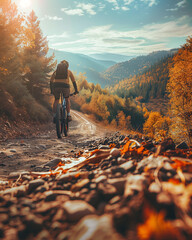 Photo cyclist on sunny day riding bike adventure travel 