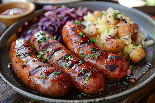 Plate of smoked sausages with cabbage.