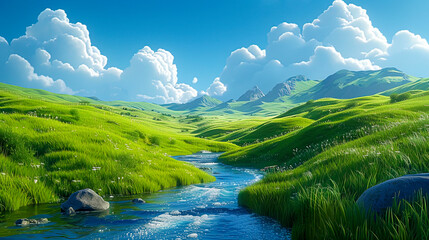 Rolling Hills and Fluffy Clouds: A Serene Landscape created with Generative AI technology