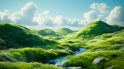 Rolling Meadows: A Traditional Animation of Lush Green Hills and Cloudy Skies in High Detail, Sky Blue Aesthetic, created with Generative AI technology - obrazy, fototapety, plakaty