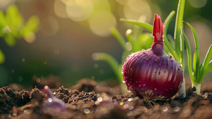 red onion in fertile soil - obrazy, fototapety, plakaty