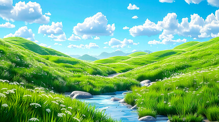 Vast Rolling Hills: A Serene Landscape of Green Grass and White Clouds, Captured in High Detail and Traditional Animation Style, Enhanced with Sky Blue Hues, created with Generative AI technology - obrazy, fototapety, plakaty