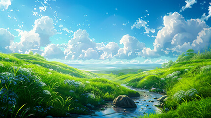 Rolling Hills and Fluffy Clouds: A Tranquil Landscape in Traditional Animation Style, crafted with Generative AI technology. - obrazy, fototapety, plakaty