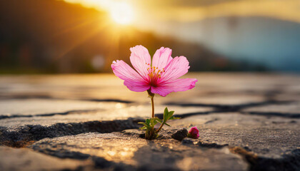 Close up, Pink flower growing on crack street sunset background - Powered by Adobe