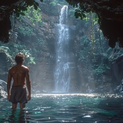 Obraz premium Tropical Waterfall Serenity - A backpacker standing under a secluded tropical waterfall, washing their face in the natural shower, surrounded by lush greenery. 