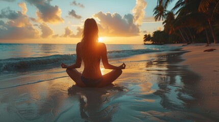 Sunrise Yoga Bliss - A person practicing yoga on a serene beach at sunrise, their face radiating happiness and peace.  - obrazy, fototapety, plakaty