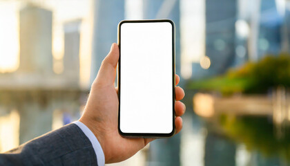 Close-up of a businessman hand holding a smartphone white screen is blank the background is blurred.Mockup.