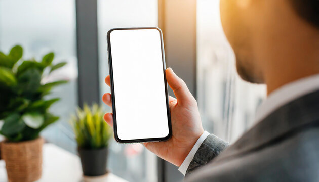 Close-up of a businessman hand holding a smartphone white screen is blank the background is blurred.Mockup.