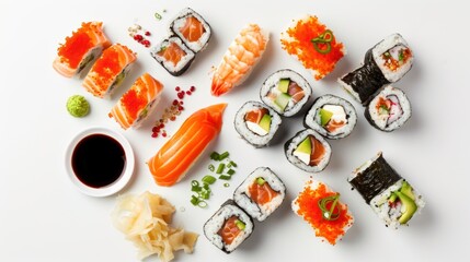 Japanese food restaurant. Sushi set over white background. Top view. Japanese Cuisine Concept with Copy Space. Oriental Cuisine Concept.