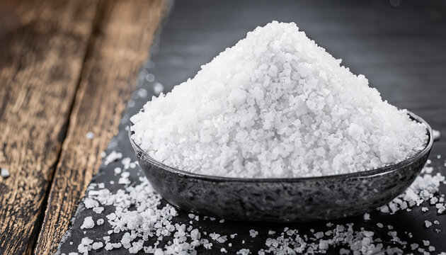 Coarse Salt (selective focus; close-up shot) on a dark vintage background