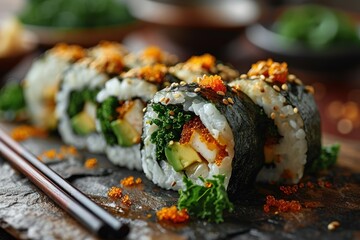 Sushi roll with avocado, cucumber, cream cheese and sesame seeds. Japanese Cuisine Concept with Copy Space. Oriental Cuisine Concept.