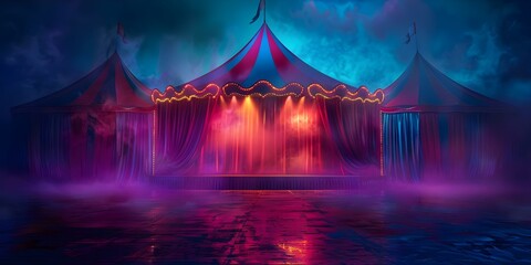 Design with a vibrant circus frame and tent backdrop. Concept Circus Theme, Vibrant Colors, Big Top Tent, Clowns, Acrobats - obrazy, fototapety, plakaty