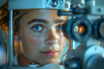 Eye exam or woman consulting doctor for eyesight at optometrist or ophthalmologist.