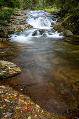 Mountain stream with colorful autumn leaves flowing over rocks and rocks.