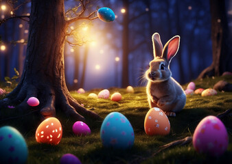 Little ray of sun reflecting on  eggs  inside forest 