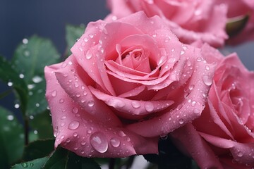 Close-up of pink roses with dewdrops
