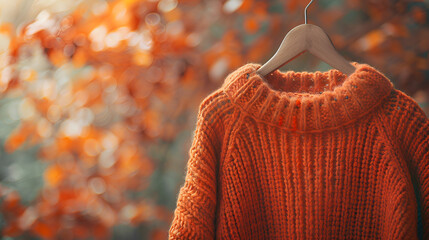 Autumn fall minimalist wardrobe with orange warm knitted sweater on wooden clothes hanger. generative ai 