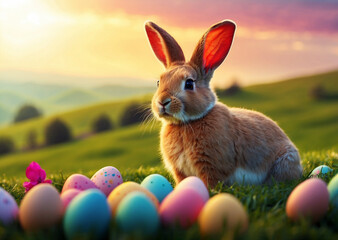 Easter bunny with eggs on grass hill top view