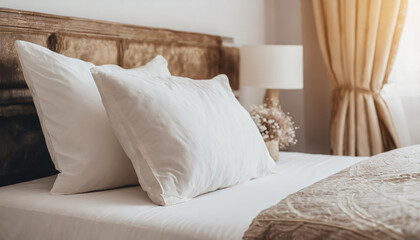 Fototapeta na wymiar Clean Bedding sheets and pillow on natural wall room background. White bedding and pillow in hotel room. White pillows on empty bed.
