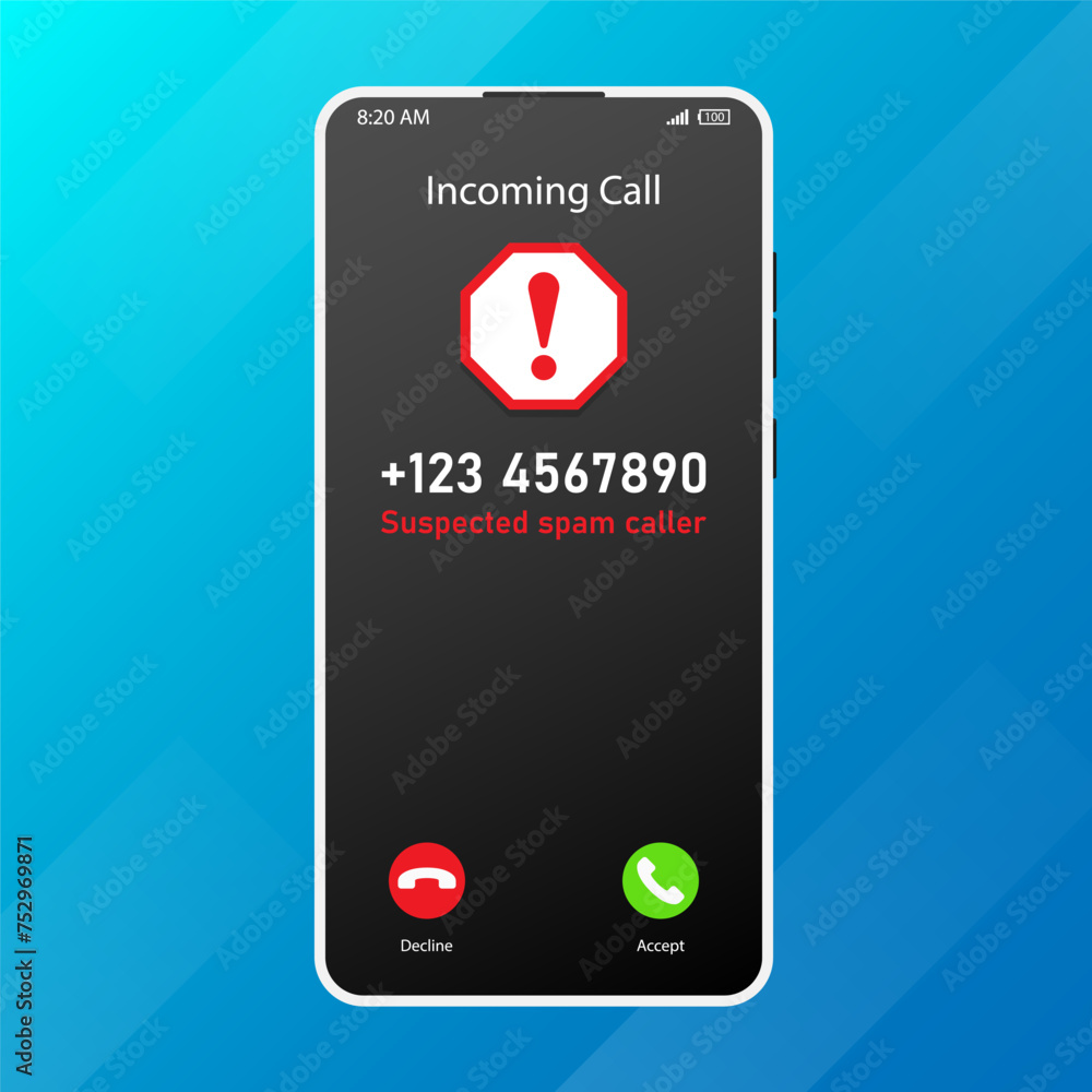 Poster spam caller interface mobile phone screen concept unwanted call warning answer or decline an incomin