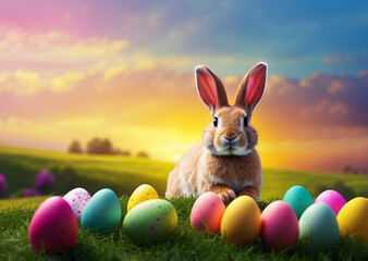 Easter bunny with eggs on grass hill top view